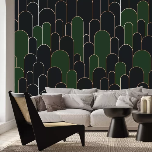 Papier peint  Arches gris-vert avec décoration dorée