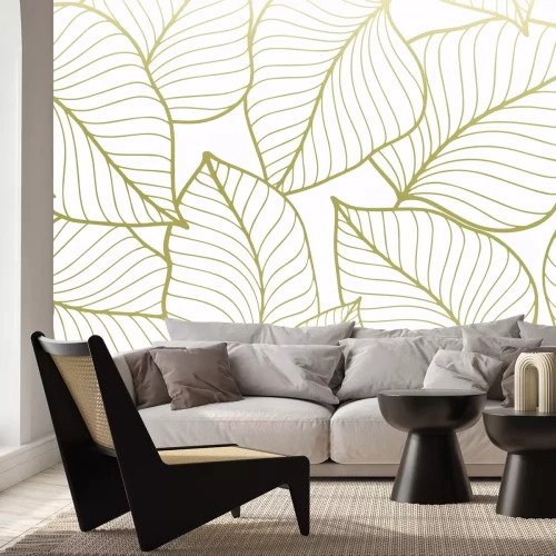 Papier peint  Croquis doré de feuilles sur fond blanc