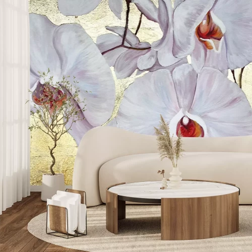 Papier peint  Orchidées peintes sur fond doré