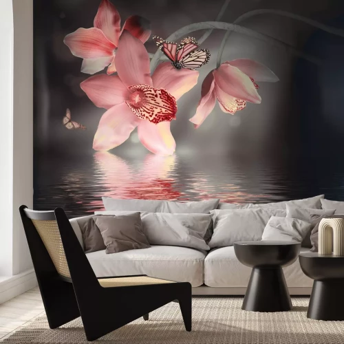 Papier peint  Orchidée avec un papillon sur fond d'eau
