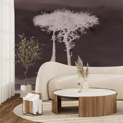 Papier peint  Safari en noir et blanc avec un arbre et une girafe