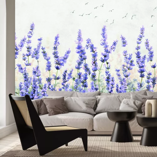 Papier peint  Fleurs de lavande sur fond d'oiseaux