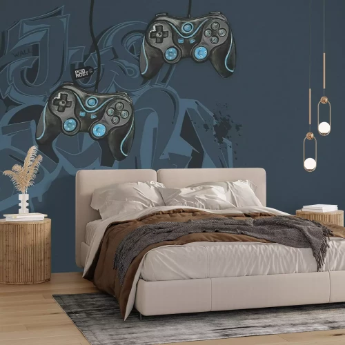 Papier peint  Manettes de jeu bleues sur fond de graffiti