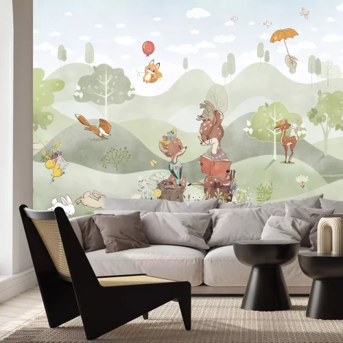 Papier peint  Clairière avec des chevreuils et des renards