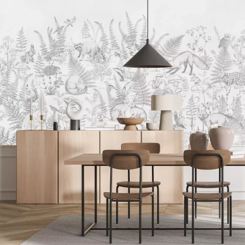 Papier peint  Dessin en noir et blanc avec des animaux