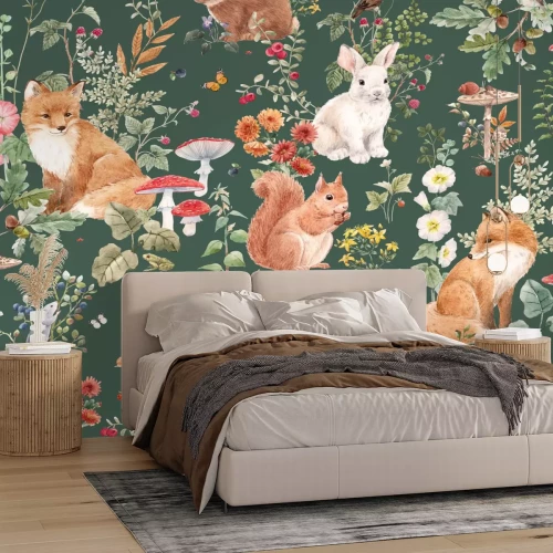 Papier peint  Motif végétal avec des champignons et des renards