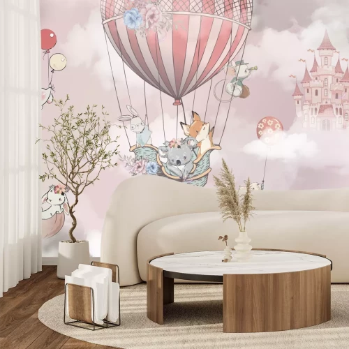 Papier peint  Renard volant avec un koala et un lièvre dans une montgolfière