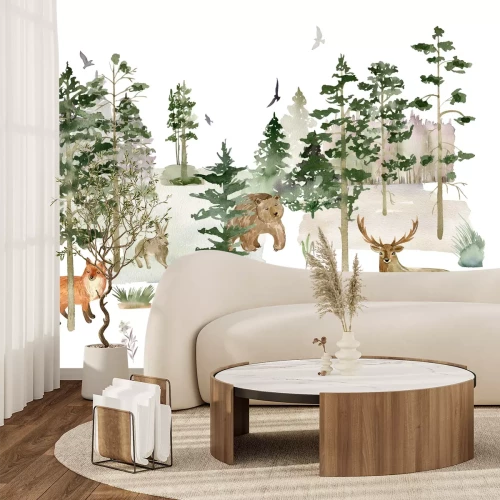 Papier peint  Dessin d’une forêt avec des animaux sauvages