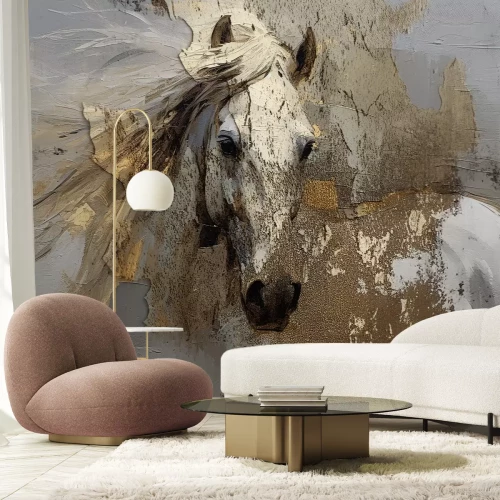 Papier peint  Portrait d’un cheval blanc avec des décorations dorées