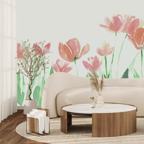 Papier peint  Tulipes rouges sur une prairie pastel
