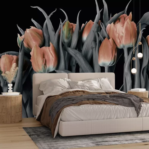 Papier peint  Tulipes orange sur fond noir