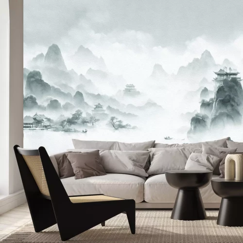 Papier peint  Village japonais en noir et blanc dans les montagnes