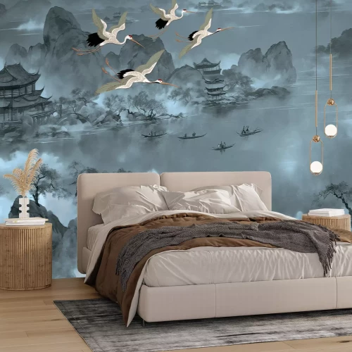 Papier peint  Paysage japonais d’un lac avec des gondoles et des oiseaux