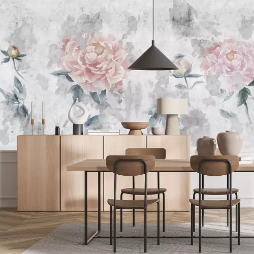 Papier peint  Fleurs roses en style aquarelle sur fond gris