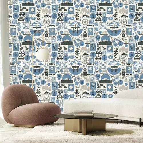 Papier peint  Illustrations asiatiques de la nature et inscriptions