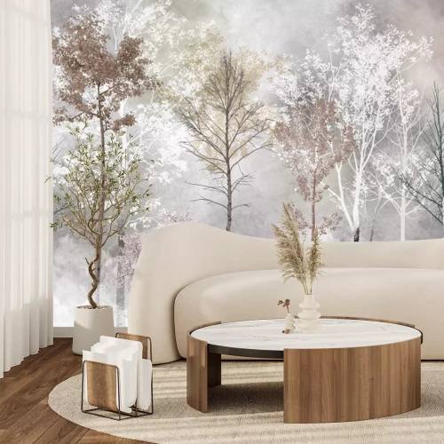 Papier peint  Forêt de bouleaux abstraite dans le brouillard