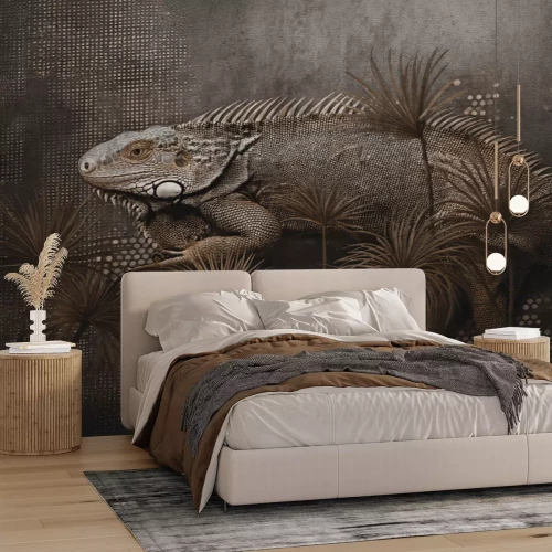 Papier peint  Caméléon et feuilles tropicales dans un style loft