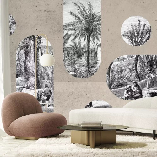 Papier peint  Vieilles gravures de palmiers illustrant des travaux agricoles