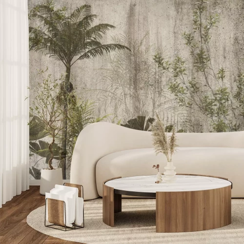Papier peint  Palmiers et feuilles vertes sur fond en béton