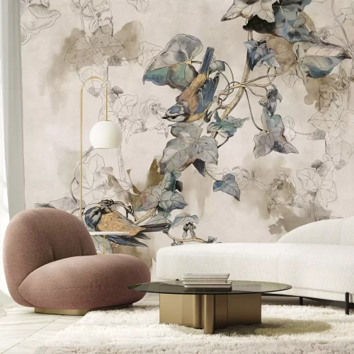 Papier peint  Oiseaux sur une branche avec des feuilles style aquarelle sur fond beige