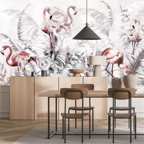 Papier peint  Flamants roses parmi des plantes tropicales sur fond blanc