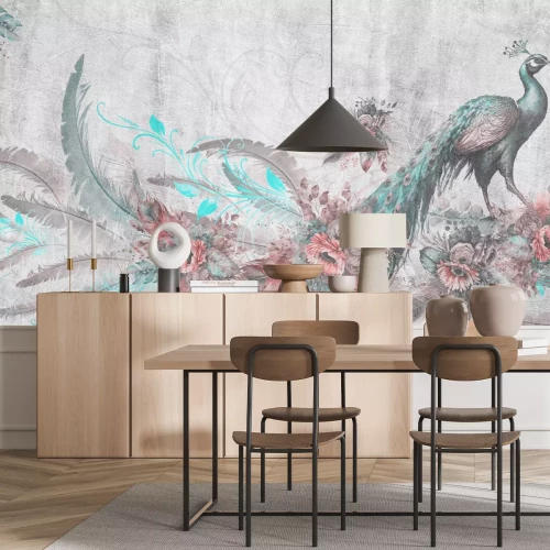 Papier peint  Paon et fleurs sur fond de béton dans des tons de gris
