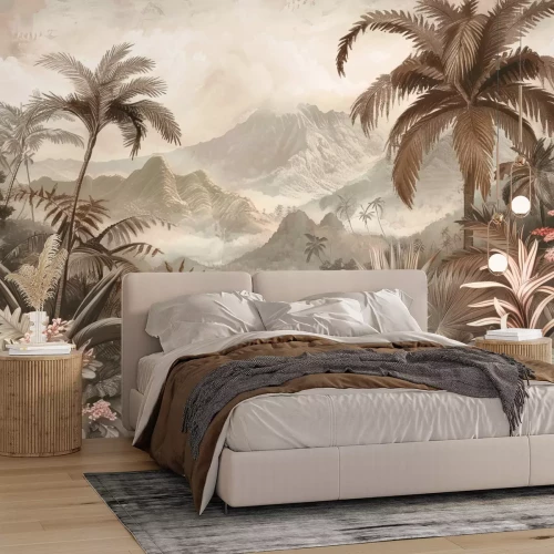 Papier peint  Palmiers et plantes tropicales sur fond de collines