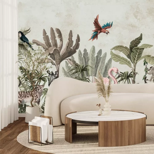 Papier peint  Paysage tropical avec des animaux de safari parmi les plantes