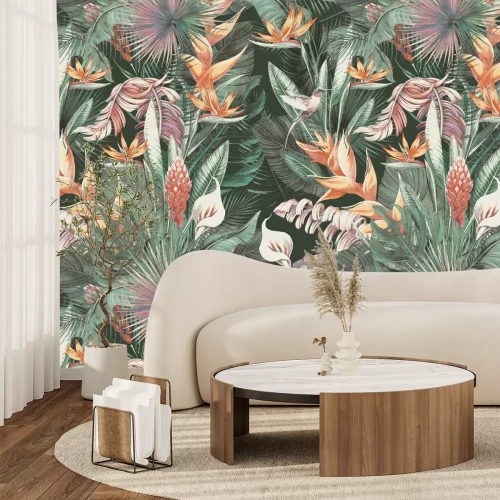 Papier peint  Motif botanique plantes tropicales et colibris