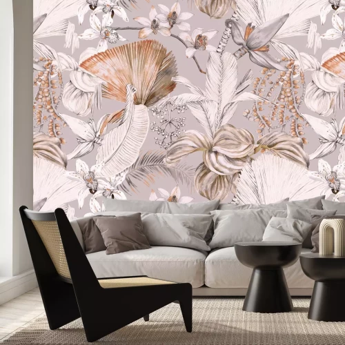 Papier peint  Fleurs et feuilles exotiques sur fond gris clair