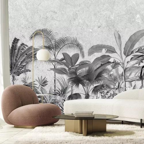 Papier peint  Paysage tropical en noir et blanc avec des palmiers