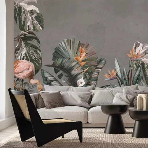 Papier peint  Plantes tropicales et oiseaux sur fond à texture béton
