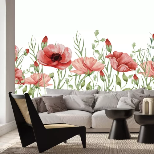 Papier peint  Coquelicots en style aquarelle sur fond blanc