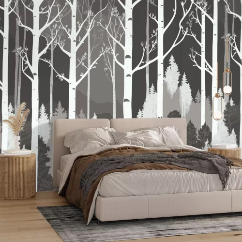 Papier peint  Forêt en noir et blanc avec des bouleaux