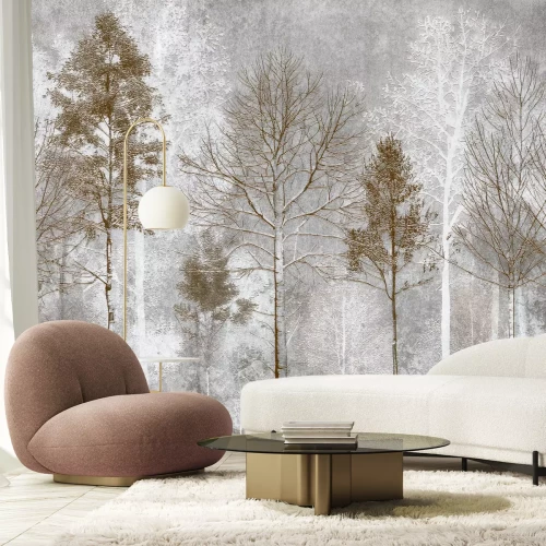 Papier peint  Thème forestier avec de grands arbres et un fond gris