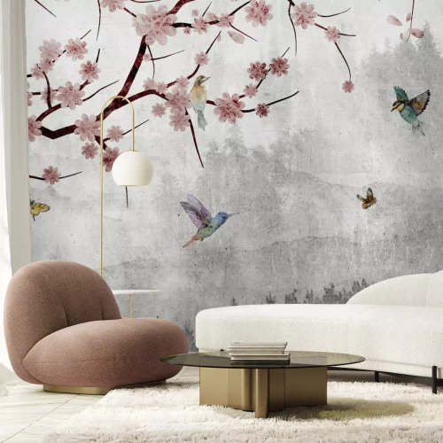 Papier peint  Arbre en fleurs et oiseaux sur fond gris