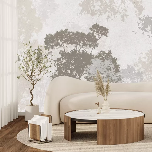 Papier peint  Paysage d'arbres aux tons beige marron et gris