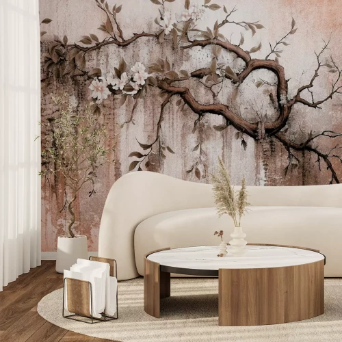Papier peint  Branche d'arbre avec fleurs blanches texture béton