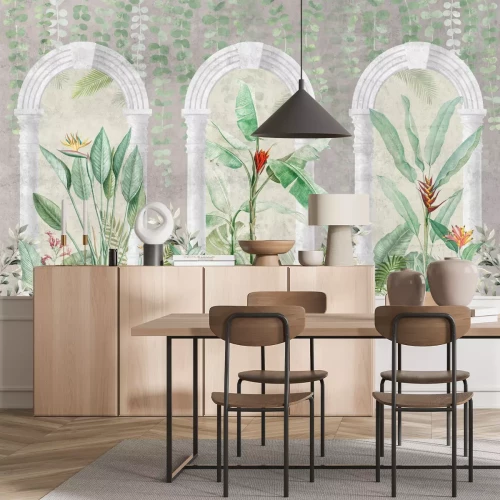 Papier peint  Plantes tropicales sur fond de colonnes grises