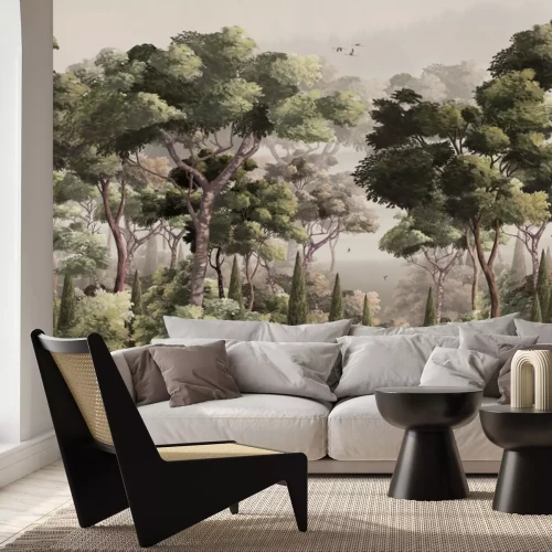 Papier peint  Paysage naturel avec arbres et brume légère