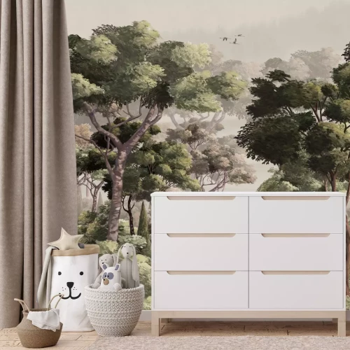 Papier peint  Paysage naturel avec arbres et brume légère