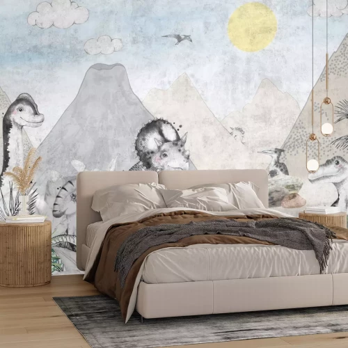 Papier peint  Monde des dinosaures en aquarelle avec des volcans