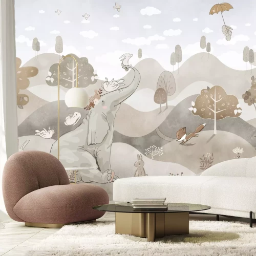 Papier peint  Paysage pastel avec un éléphant mignon et des lapins