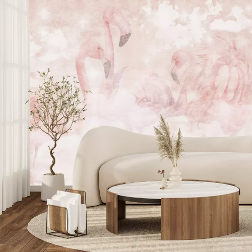 Papier peint  Flamants roses aquarelle sur fond de nuages pastels