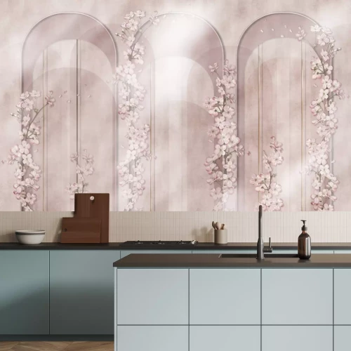 Papier peint  Arches géométriques et fleurs pastel dans une composition aquarelle