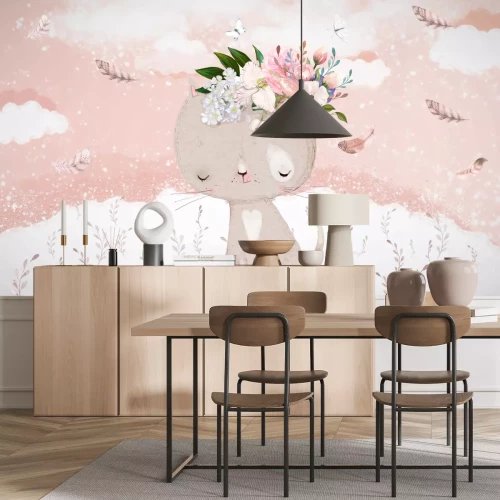 Papier peint  Chaton avec des fleurs et des papillons dans une prairie en style aquarelle