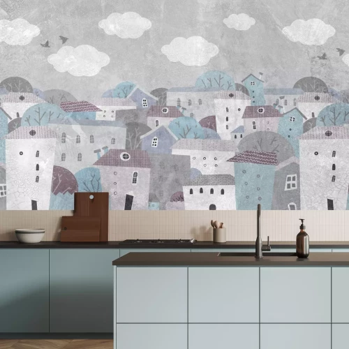 Papier peint  Ville colorée en style aquarelle pour enfants