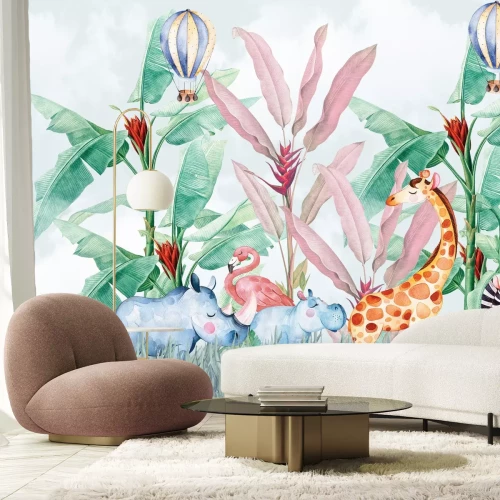 Papier peint  Ballons et animaux de la jungle en style aquarelle