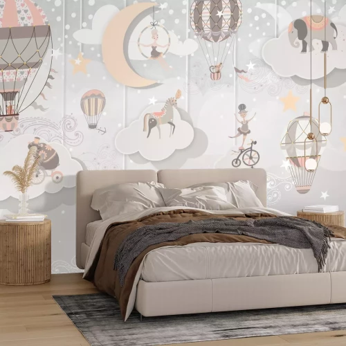 Papier peint  Petits animaux et ballons dans un monde de cirque féerique