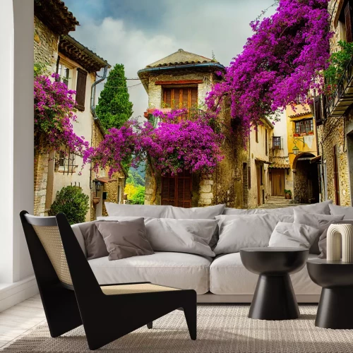 Papier peint  Allée colorée avec bougainvillier dans une ville historique